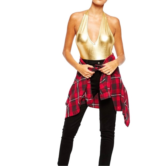 AMERICAN APPAREL Plunge Neck Backless Halter Leotard in Metallic Gold - Picture 8 of 10